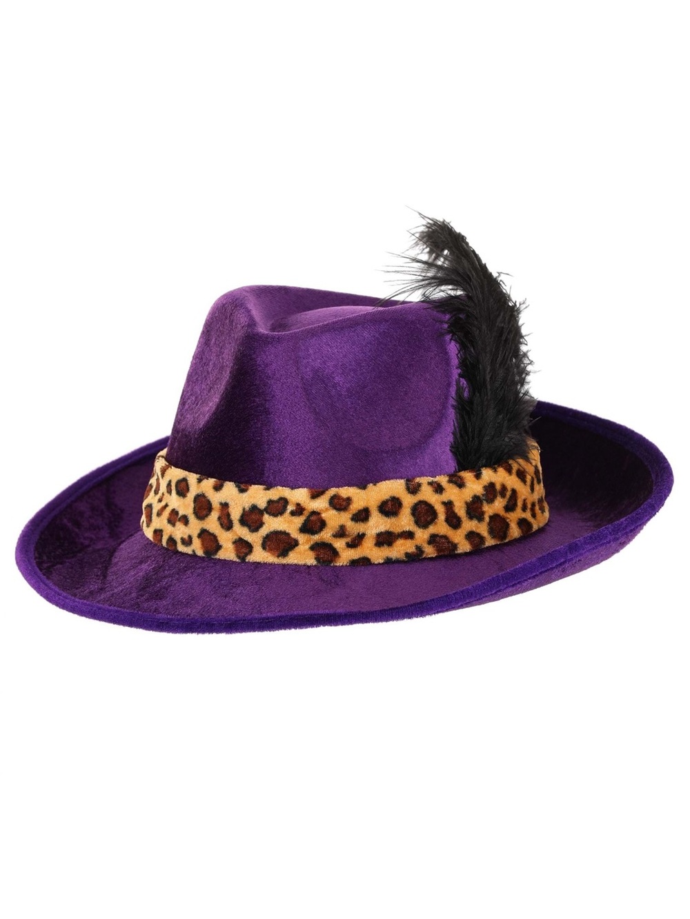 Purple Velvet Fedora with Leopard Band and Feather